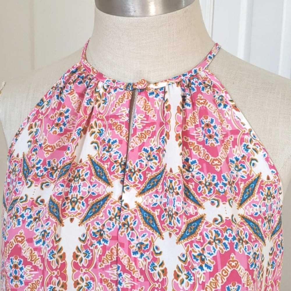 Cremieux Pink Teal Mustard Halter Neck A-Line Top XS - Picture 8 of 13